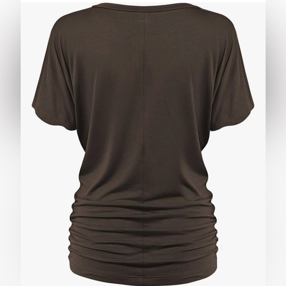 Women's Solid Short Sleeve Boat Neck V Neck Dolman Top with Side Shirring - Picture 3 of 5